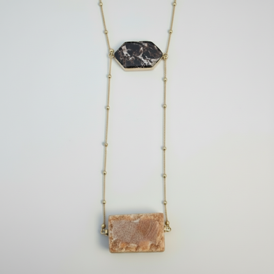 Elegant Gold Long Necklace with Stone Charms and Metallic Beads