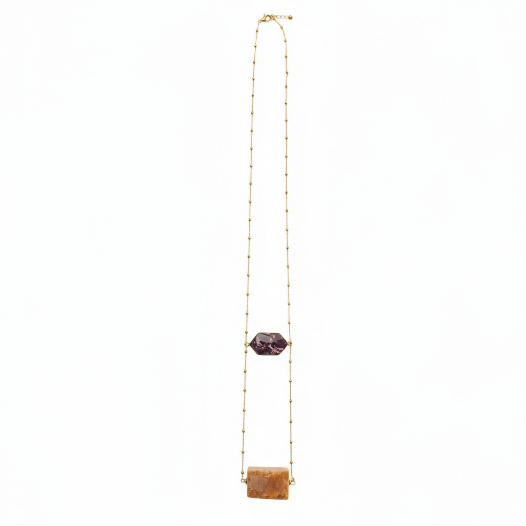 Elegant Gold Long Necklace with Stone Charms and Metallic Beads