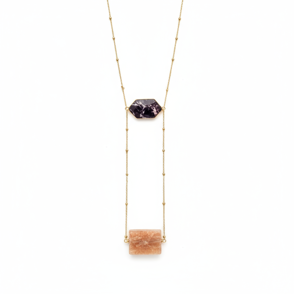 Elegant Gold Long Necklace with Stone Charms and Metallic Beads