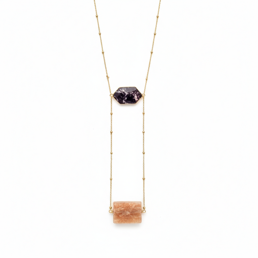 Elegant Gold Long Necklace with Stone Charms and Metallic Beads